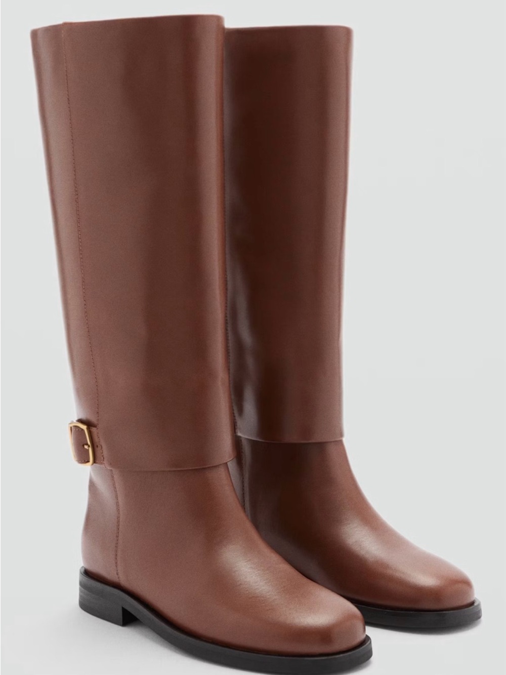 Mango NWT Size 8 Tall Leather Riding Boots - Brown with Gold Buckle
